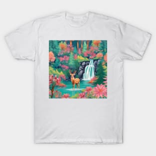 Deer in an autumn forest with waterfall T-Shirt